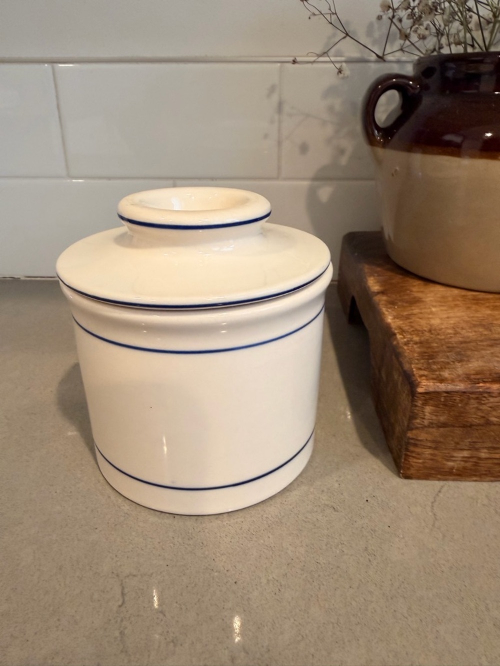 White Ceramic Canister with Blue Trim